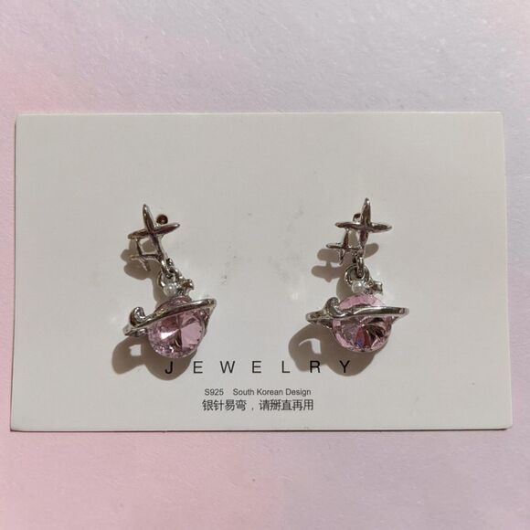 Jewelry - Pink Planet Star Earrings, Silver Tone Celestial Stud Earrings, Kawaii Coquette